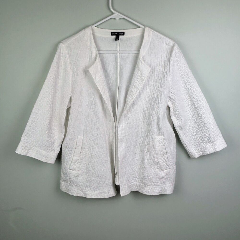 Eileen Fisher Organic Cotton Open Weave Blazer Jacket White Quarter Sleeve sz S